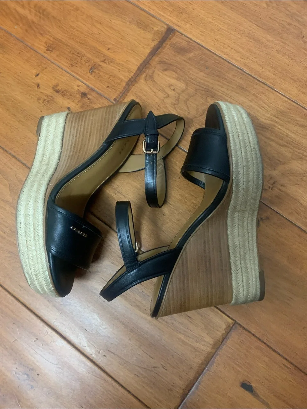 Coach Elda Mat Black Wedge Sandals with buckle strap Size 5.5